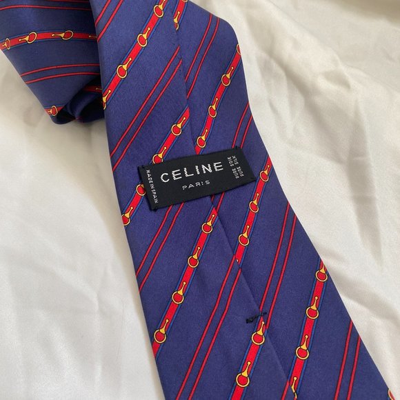 Celine Paris blue red stripped silk luxury men's neck tie - Picture 3 of 9
